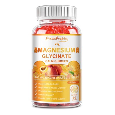 GreenPeople Magnesium Glycinate Gummies 400mg, with Magnesium Malate, CoQ10 for Calm Mood & Sleep, 60 Count (Peach Flavor)