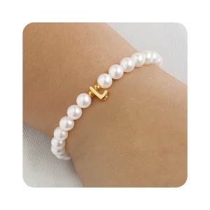 Turandoss Gold Initial Bracelets for Women Girls - Dainty Beaded Pearl Bracelets for Kids, Charm Letter Bracelet for Girl, Flower Girl Proposal Gifts - 1 of 4