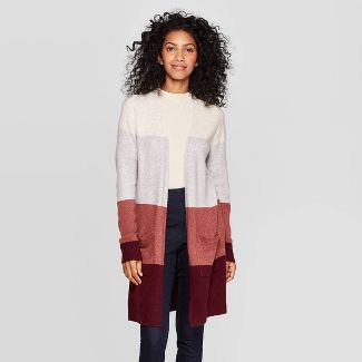 Women's Colorblock Long Sleeve Cozy Sweater Cardigan - A New Day™ Burgundy/Gray L