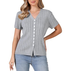 INSPIRE CHIC Women's Eyelet Stripe Summer V Neck Short Sleeve Knit Button Down Shirts - 1 of 4