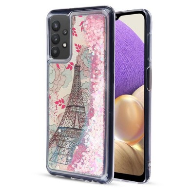 MyBat Quicksand Glitter Hybrid Protector Cover Case Compatible With Samsung Galaxy A32 5G - Eiffel Tower Pink Hearts