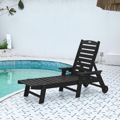 5 Level Adjustable Outdoor Chaise Lounge With Wood Texture,HDPE Patio Chaise Lounge,Patio Lounge Chair With Wheels And Cup Holder -Maison Boucle