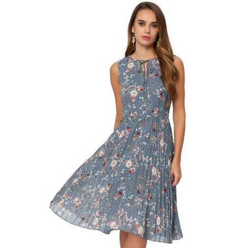 Allegra K Women's Floral Print Summer A-Line Knee Length Sleeveless Pleated  Dress Blue Grey Small