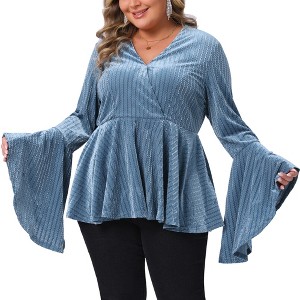 Women's Plus Size Velvet Texture Wrap V Neck Ruffle Hem Long Bell Sleeve Peplum Blouses - Agnes Orinda - 1 of 4