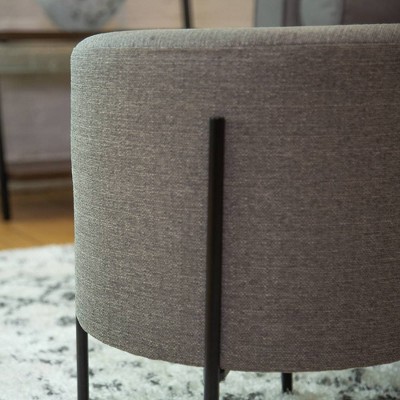 Gray Round Upholstered Ottoman with Black Metal Base