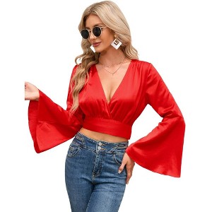 Women's V Neck Long Bell Sleeve Top Wrap Blouse Tie Front Crop Top Long Sleeve Top Tee Shirts - 1 of 4
