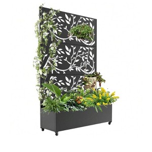Black Metal Raised Garden Bed with Trellis & Wheels - Tall planter for climbing plants & vegetables. Creates privacy for patio. - 1 of 4
