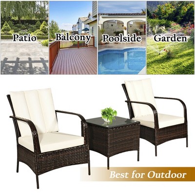 3-Piece Beige Rattan Patio Set with Cushions and Glass Table
