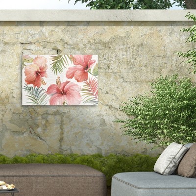 Tropical Blush Pink Hibiscus Outdoor Canvas Print with Natural Wood Frame