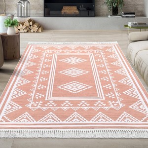 Indoor Tassel Area Rug for Bedroom Living Room - Washable Bordered Farmhouse Carpet, Non-Slip Soft Low Pile Stain-Resistant Mat - 1 of 4