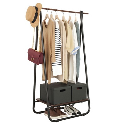 Metal Clothing Garment Rack with Wood Storage Shelf, Freestanding Closet, White and Light Brown