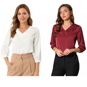 INSPIRE CHIC Women's V Neck 3/4 Sleeve Casual Office Work Satin Blouses 2 Packs - 1 of 4