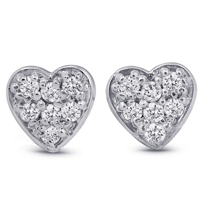 Pompeii3 14K White Gold Diamond Pave Small Heart Studs Dainty High Polished 5.7MM