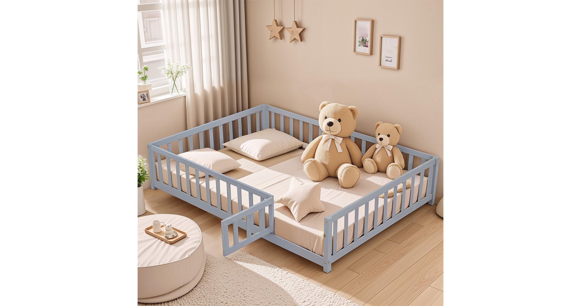 Toddler Floor Bed,Full Size Floor Bed with Safety Fence Guardrails and Slats, Wooden Floor Bed Frame with Door, No Box Spring Needed