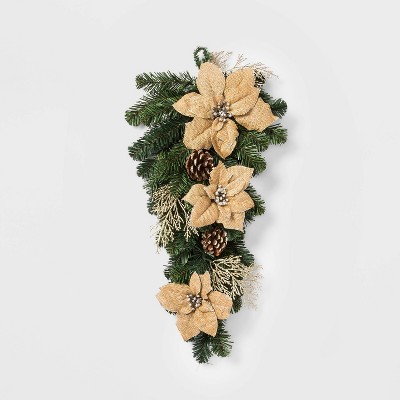 28in Christmas Unlit Burlap Poinsettia & Ornaments Artificial Pine Swag - Wondershop™
