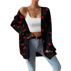 Coolmee Women's Fall Winter Long Sleeves Open Front Heart Print Knitted Sweater Cardigan Coat Outwear - 1 of 4
