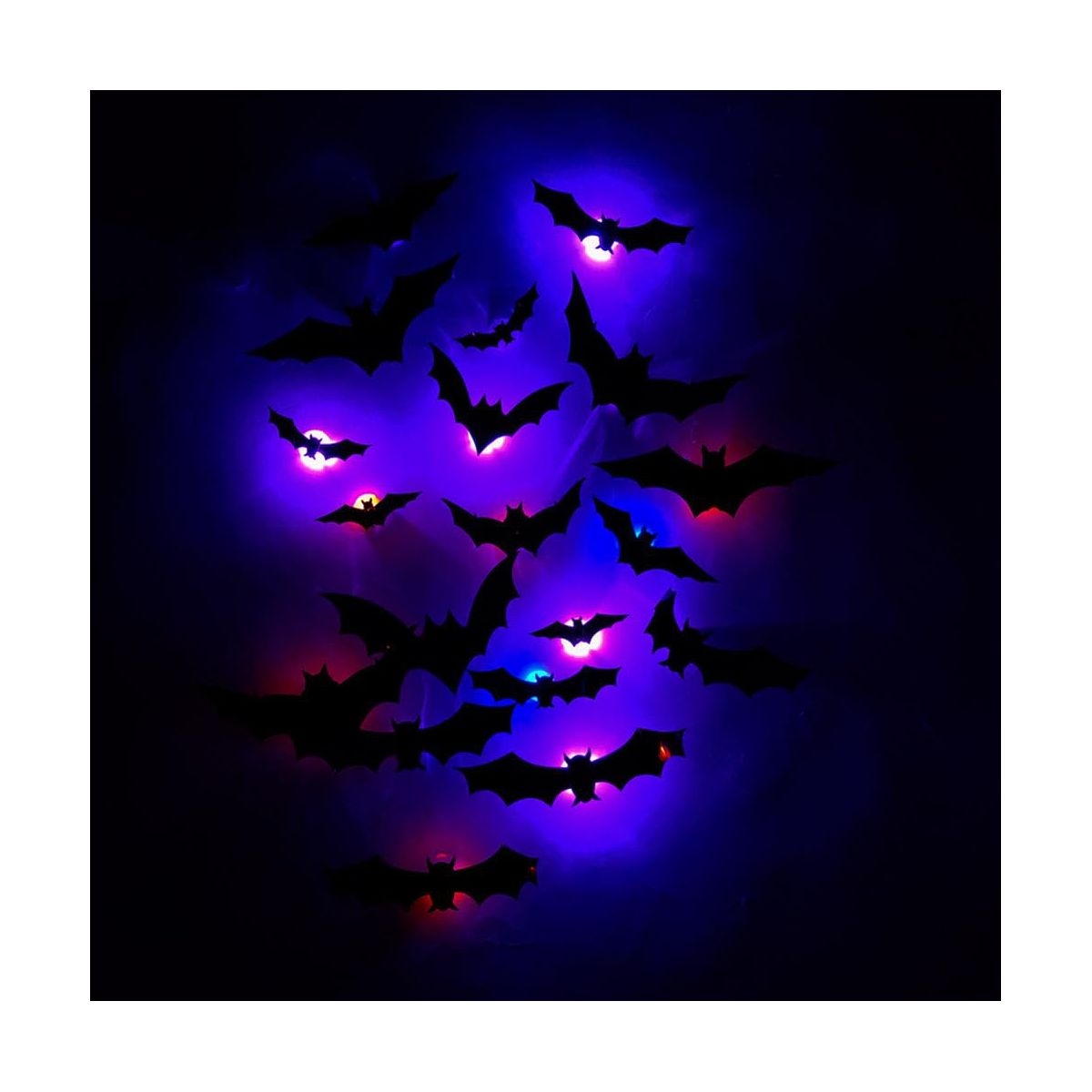 96 pack Halloween 3D Bats Wall Decor, Luminous Scary Bat Window Cling | Lighted, Assorted Size, Halloween Party Supplies for Bedroom, Home, Indoor - thumbnail 4
