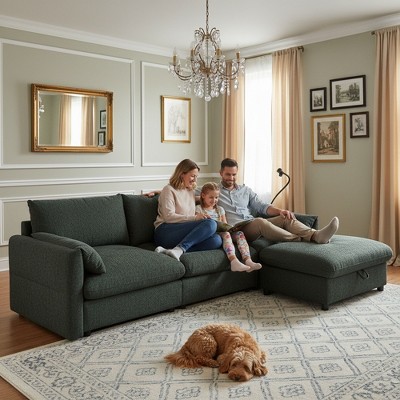 Whisen Oversized Chenille Sectional Sofa with Storage Ottoman and Pockets, Adjustable Phone Holder and Charging Ports
