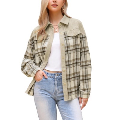INSPIRE CHIC Women's Corduroy Flannel Shacket Plaid Button Down Casual Shirt Jackets