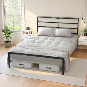 FurnitureR Metal Bed Frame Twin with Led Lights and Charging Station, Mattress Foundation, Iron-Art Headboard and Footboard, Storage Shelves, Black - 1 of 4