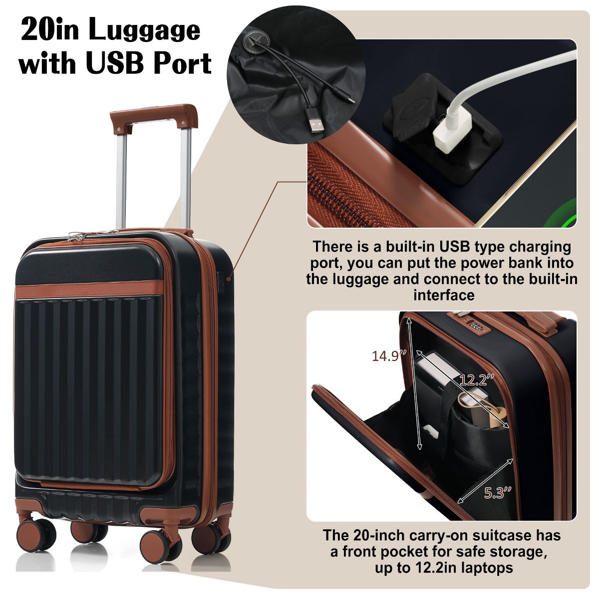 Polibi Luggage Set 3 Piece, 20 Inch Front Opening Design and 24/28 Inch Checked Suitcase with Spinner Wheels - thumbnail 10