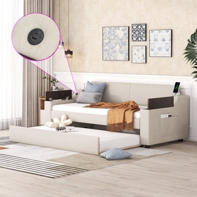 KIGFTSOD Twin Size Upholstery Daybed with Storage Arms, Trundle and USB Design, Beige