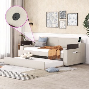 KIGFTSOD Twin Size Upholstery Daybed with Storage Arms, Trundle and USB Design, Beige - 1 of 4