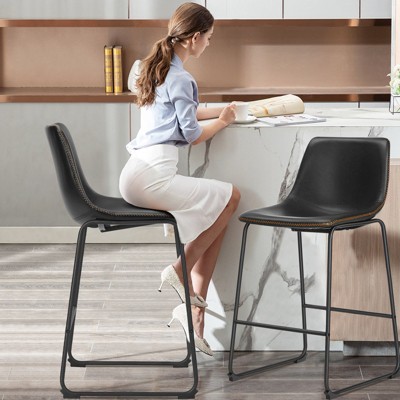 Black Faux Leather and Metal Counter Height Bar Stools, Set of 2