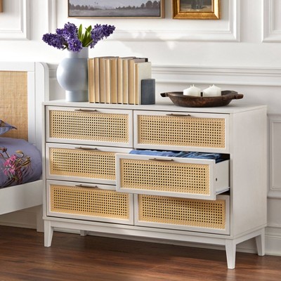Mid-Century White and Natural Rubberwood 6-Drawer Dresser with Gold Hardware
