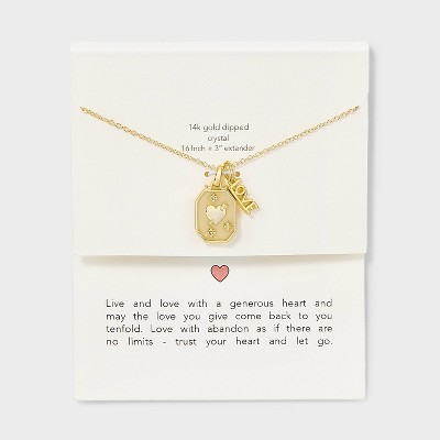 14k Gold Dipped "Love" Heart and Crystal Stars Tag Charm Necklace - Gold