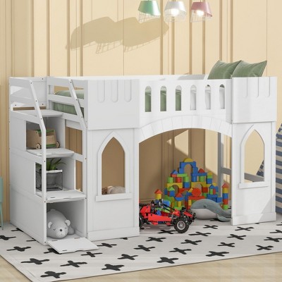 NicBex Twin Size Loft Bed Castle Shape Pine Bed Frame with 2 Windows, Storage Stairs and Full Length Guardrail, No Box Spring Required, White