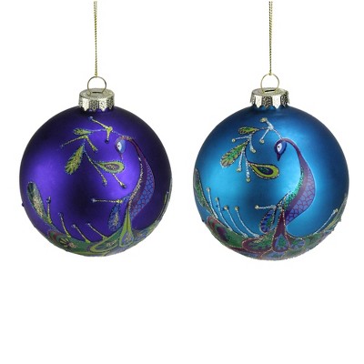 NORTHLIGHT 2ct Regal Peacock Glass Ball Christmas Ornament Set 4” - Purple/Blue