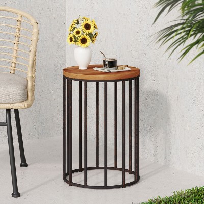 CAVINAS 15" Outdoor Side Table with Acacia Wood Top and Metal Base,Waterproof and Durable Patio Table,Cylindrical Patio End Table for Garden,Natural
