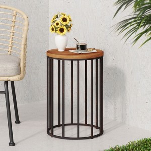 CAVINAS 15" Outdoor Side Table with Acacia Wood Top and Metal Base,Waterproof and Durable Patio Table,Cylindrical Patio End Table for Garden,Natural - 1 of 4