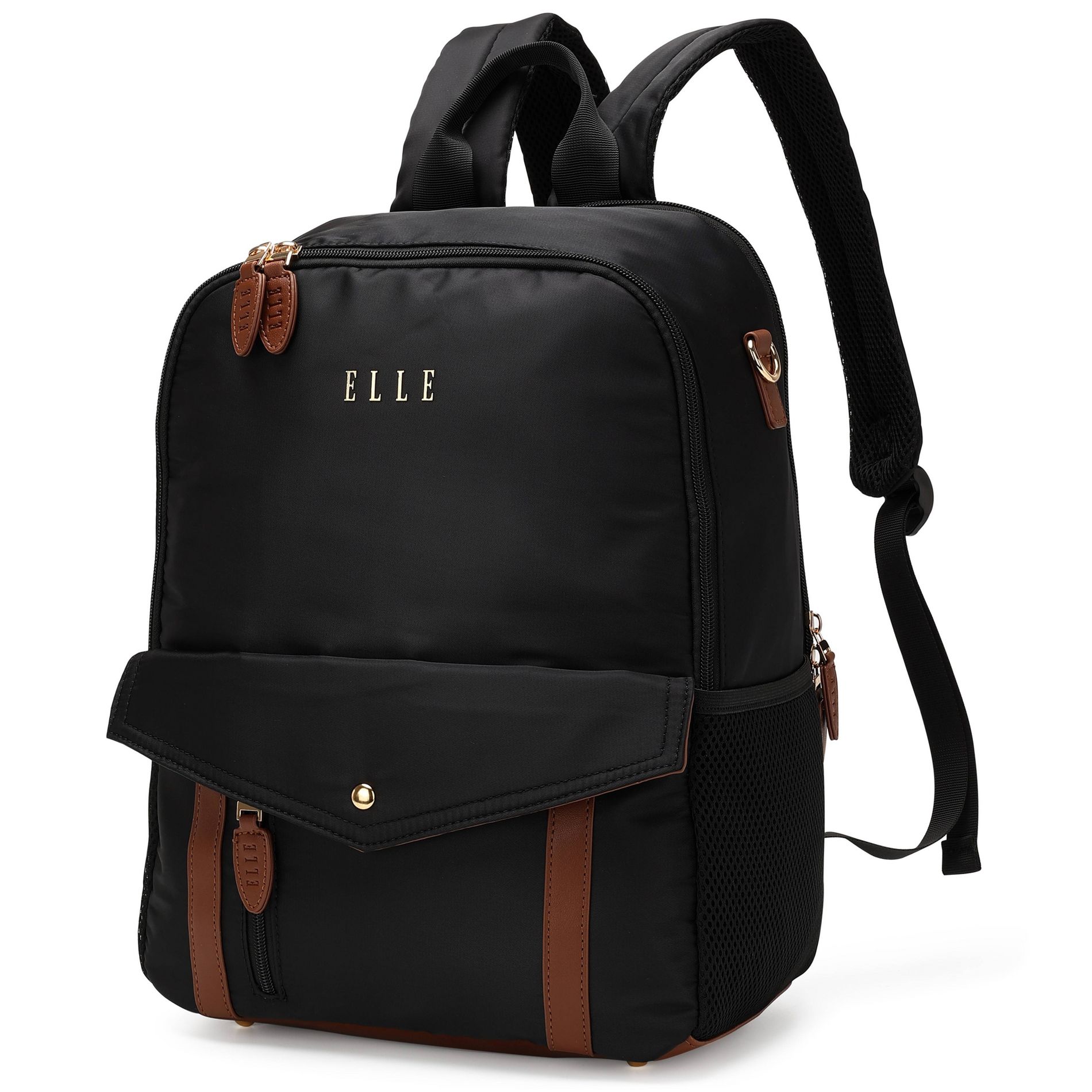 ELLE Luggage 18L Luxe Journey Twill and Vegan Leather Backpack - Black