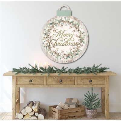 Rustic Cotton and Greens Wreath Merry Christmas Ornament Artboard