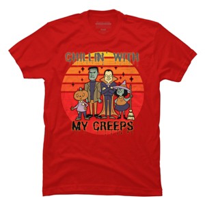 Men's Design By Humans Chillin with my creeps 80's style halloween characters By MerchHQ T-Shirt - 1 of 4