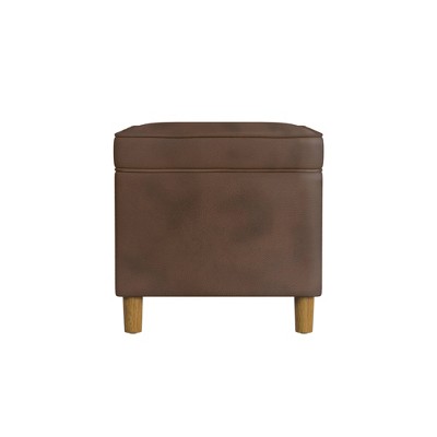 24" Dark Brown Faux Leather Storage Ottoman with Honey Oak Legs