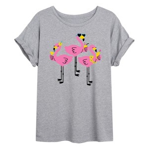 Women's - Instant Message - Three Flamingos Drinking Oversized Graphic T-Shirt - 1 of 4