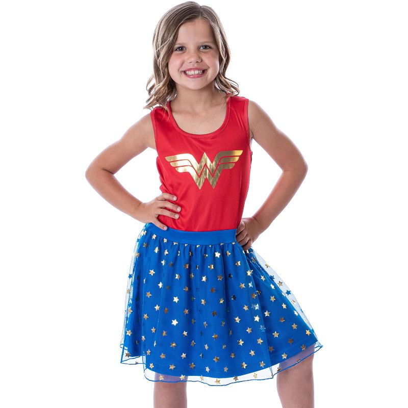 DC Comics Girl's Wonder Woman Logo and Stars Tank Nightgown Costume Pajama Red/Blue, 1 of 5