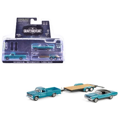 1969 Plymouth GTX Turquoise Metallic & 1967 Dodge D-200 Truck  Trailer "Graveyard Carz" 1/64 Diecast Model Car by Greenlight