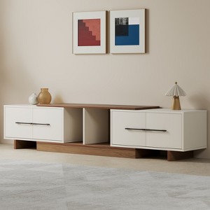 LOVSON 74.8''-102.4''Extendable TV Stand with 2 Large Storage Cabinets,Open Shelves,for Living Room/Bedroom Media Console,White+Walnut - 1 of 4