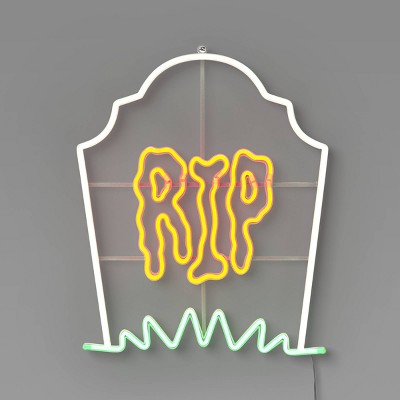 LED Tombstone "RIP" Flashing Neon Sign with Frame Halloween Silhouette Lights White/Orange/Green/Blue - Hyde and EEK! Boutique™