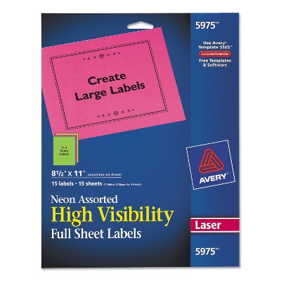 Avery High Visibility Rectangle Laser Labels 8 1/2 x 11 Assorted Neons 15/Pack 5975