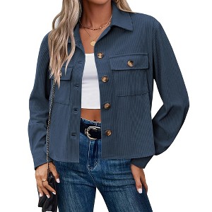Womens Jackets Casual Cropped Corduroy Lapel Button Front Long Sleeve Jacket with Pockets - 1 of 4