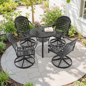 5-Piece Round Cast Aluminum Patio Set with Swivel Chairs,Blue Cushions,and Umbrella Hole - 1 of 4