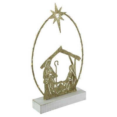 Golden Glitter LED Lighted Holy Family Nativity Scene Decoration, 14"