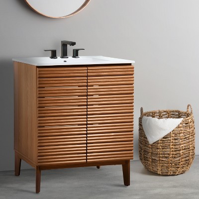 Calandre Walnut 30" Modern Farmhouse Slat Bath Vanity Cabinet