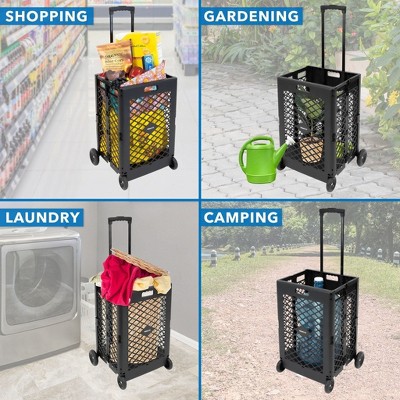 Black Foldable Mesh Utility Cart with Telescopic Handle