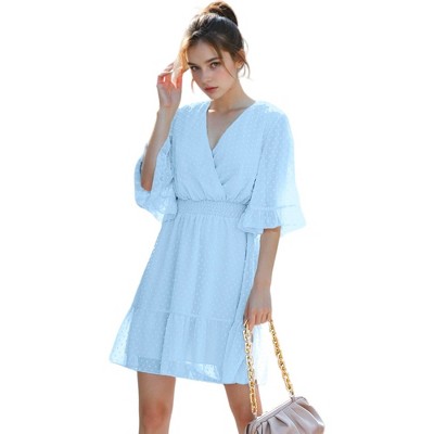 Anna-Kaci Women's V Neck Bell Sleeve Swiss Dot A-Line Elastic Waist Ruffle Dress - Small, Blue